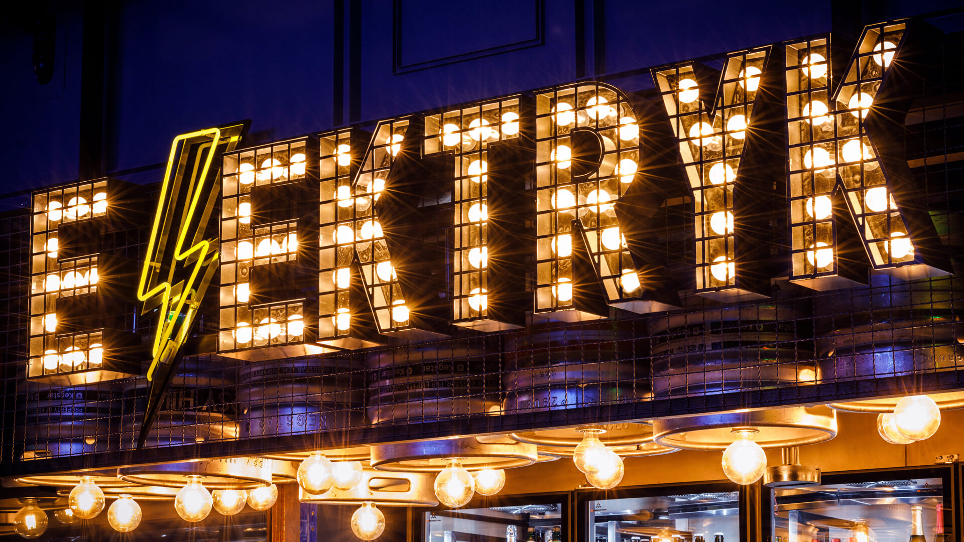 3D space letters with light bulbs and neon.